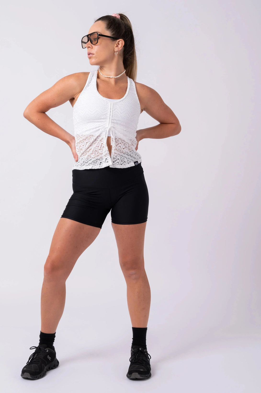 Bohemian Lace Racer Back Tank Top W/ Cinched Front - White-Activewear-Exoticathletica