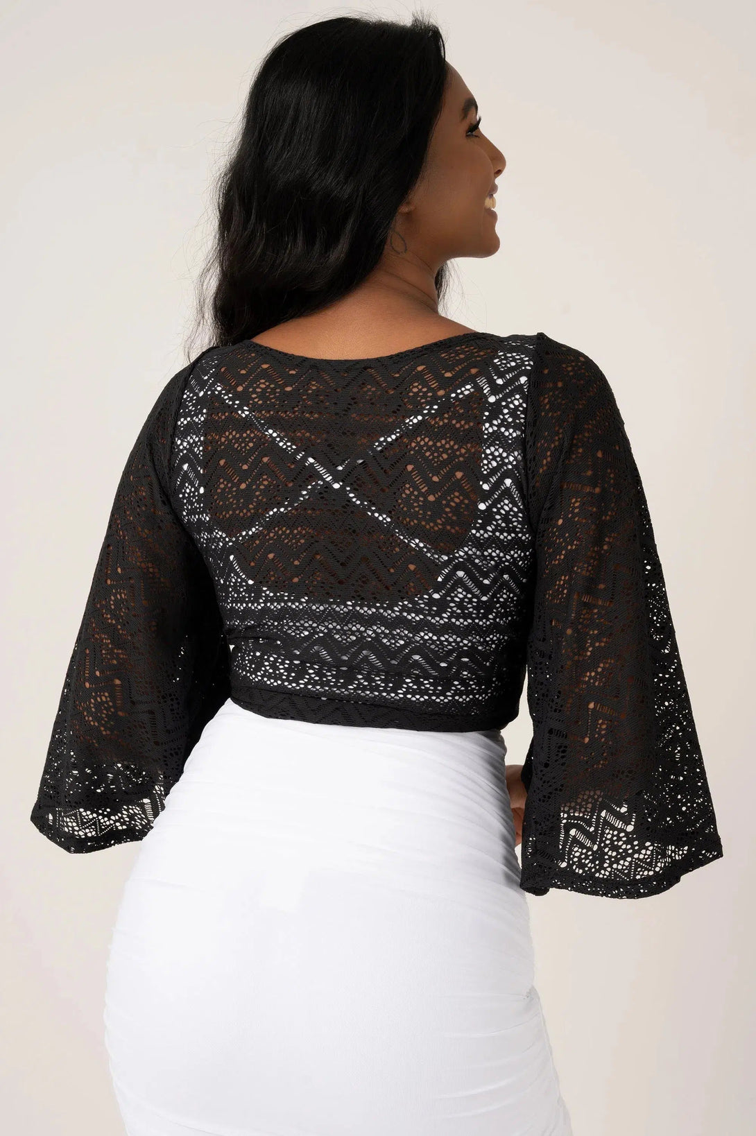 Bohemian Lace Reversible Wrap Blouse W/ Long Bell Sleeves - Black-Activewear-Exoticathletica