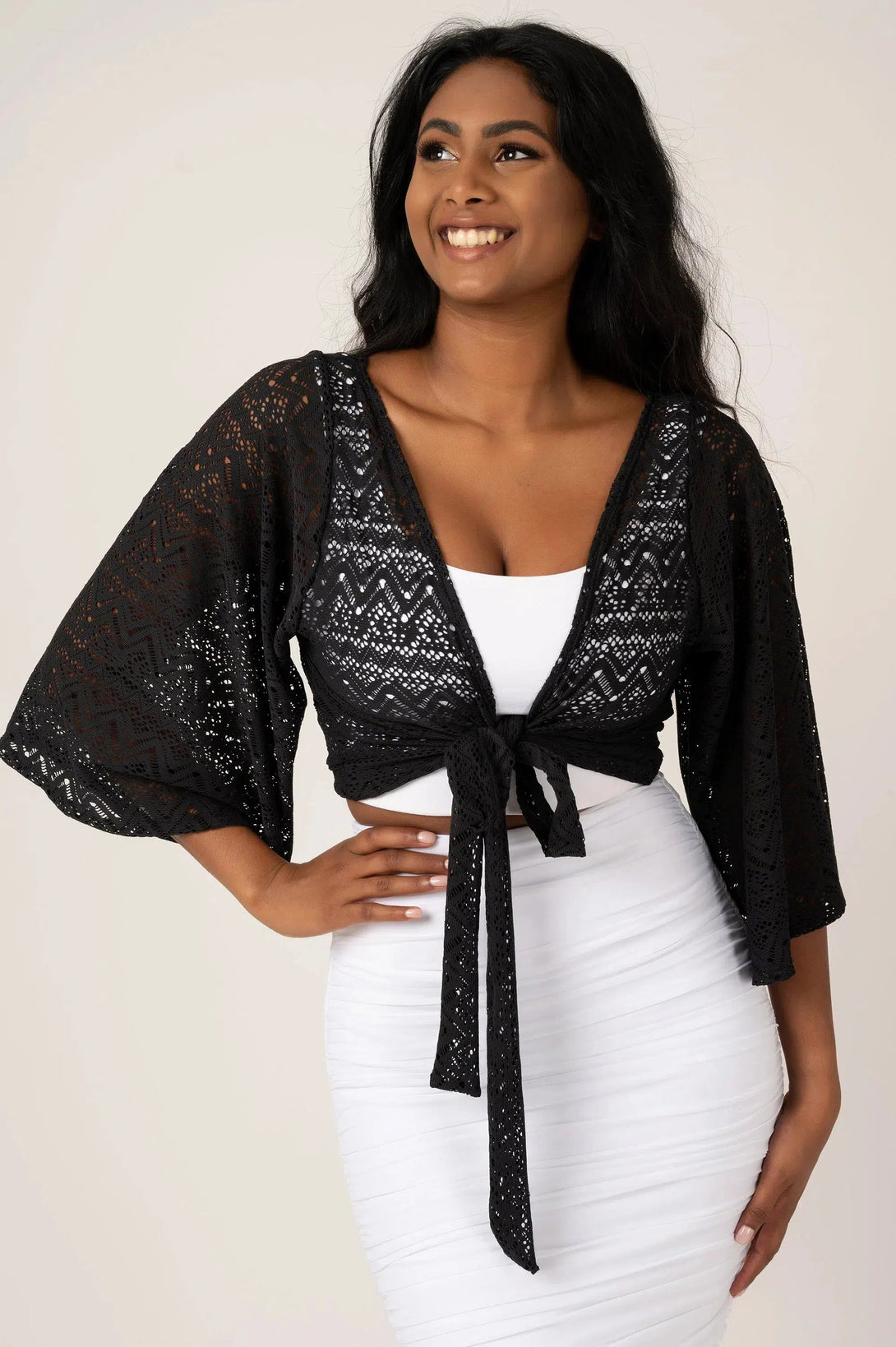 Bohemian Lace Reversible Wrap Blouse W/ Long Bell Sleeves - Black-Activewear-Exoticathletica