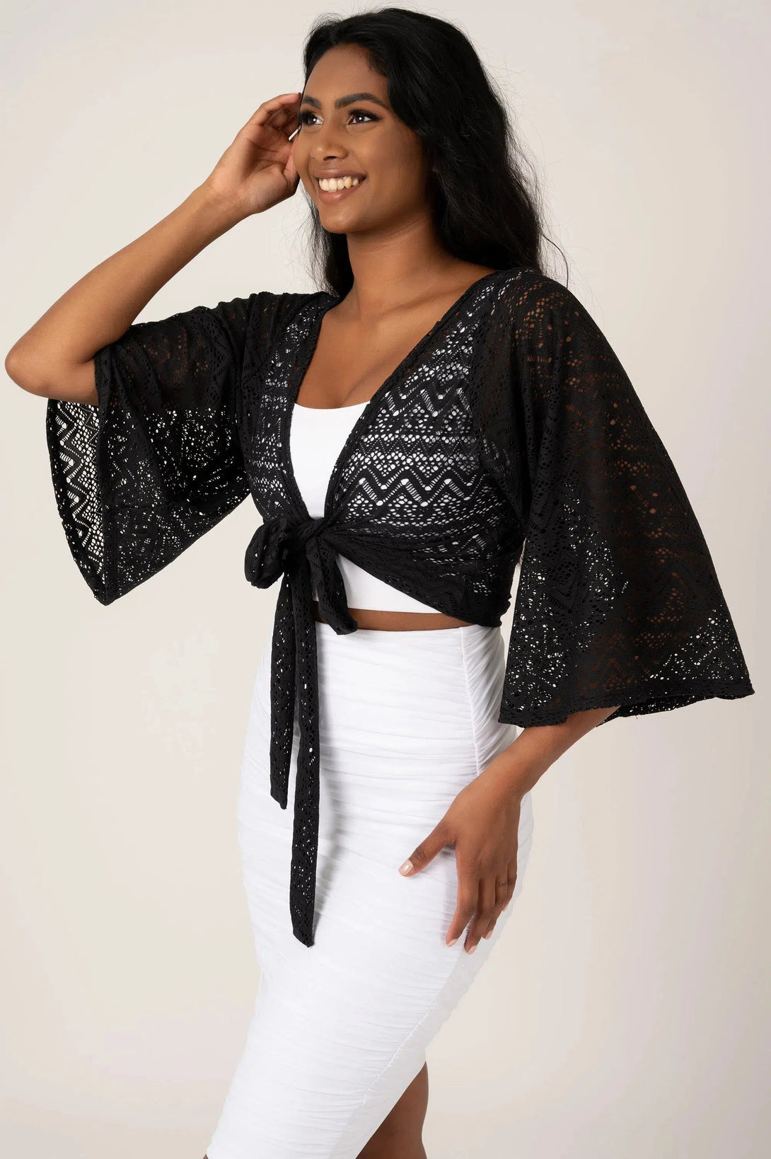 Bohemian Lace Reversible Wrap Blouse W/ Long Bell Sleeves - Black-Activewear-Exoticathletica