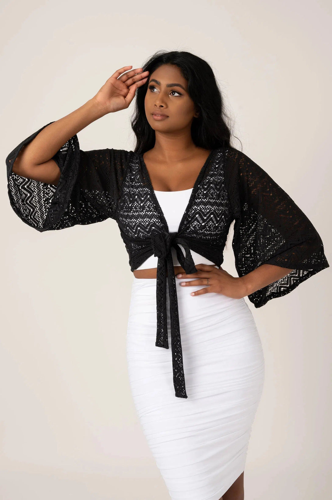 Bohemian Lace Reversible Wrap Blouse W/ Long Bell Sleeves - Black-Activewear-Exoticathletica