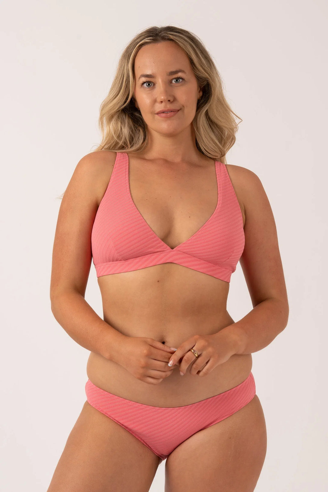 Bubblegum Pink Textured - Built Up Deep V Triangle Bikini Top-Activewear-Exoticathletica