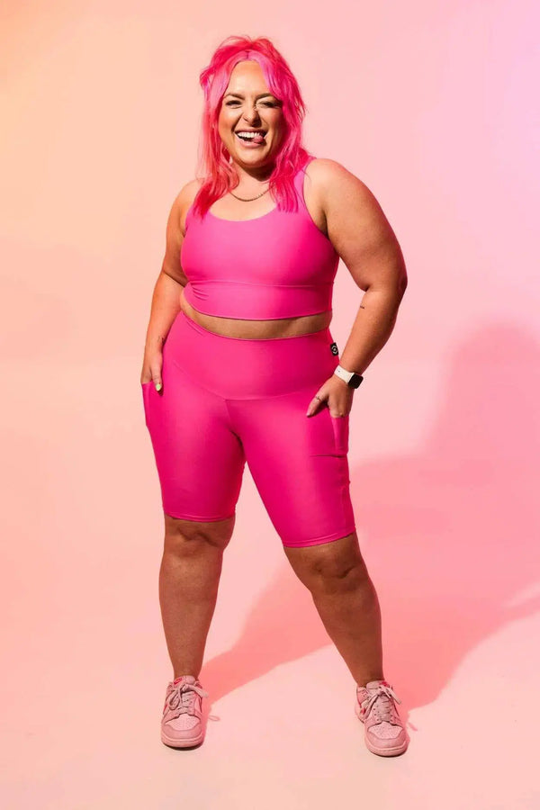 Candy Pink Performance - Panel Pocket High Waisted Long Shorts-Activewear-Exoticathletica