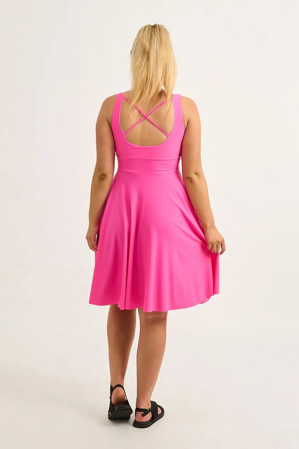 Candy Pink Silky - Scoop Neck Comfort Crop Midi Dress W/ Pockets-Activewear-Exoticathletica