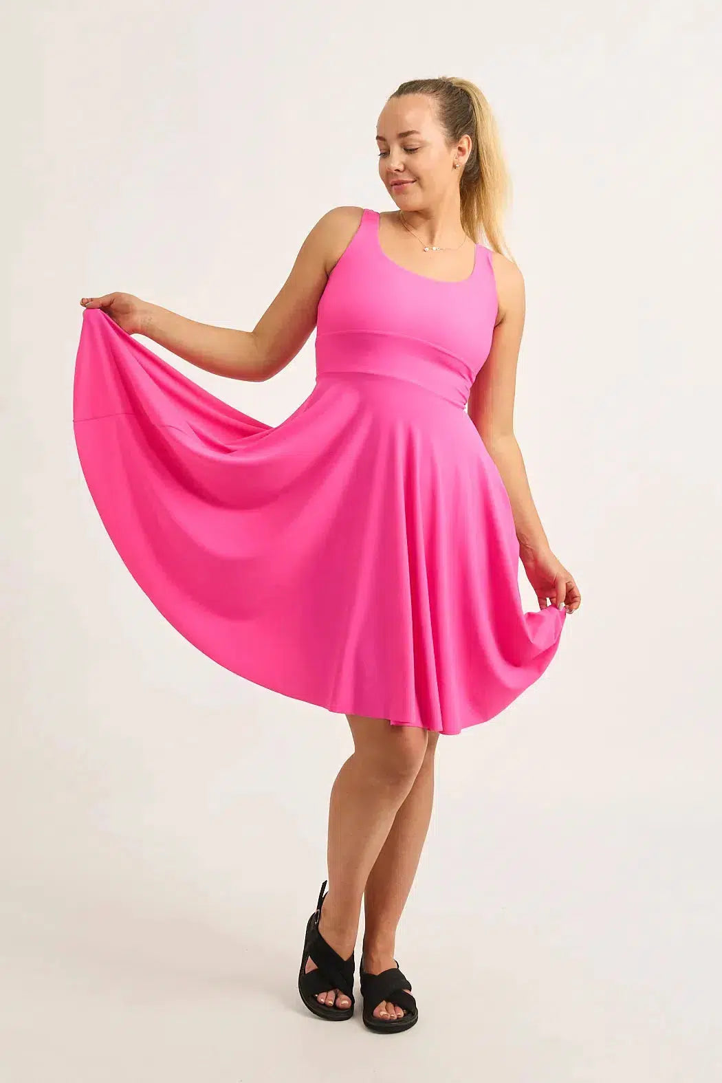 Candy Pink Silky - Scoop Neck Comfort Crop Midi Dress W/ Pockets-Activewear-Exoticathletica