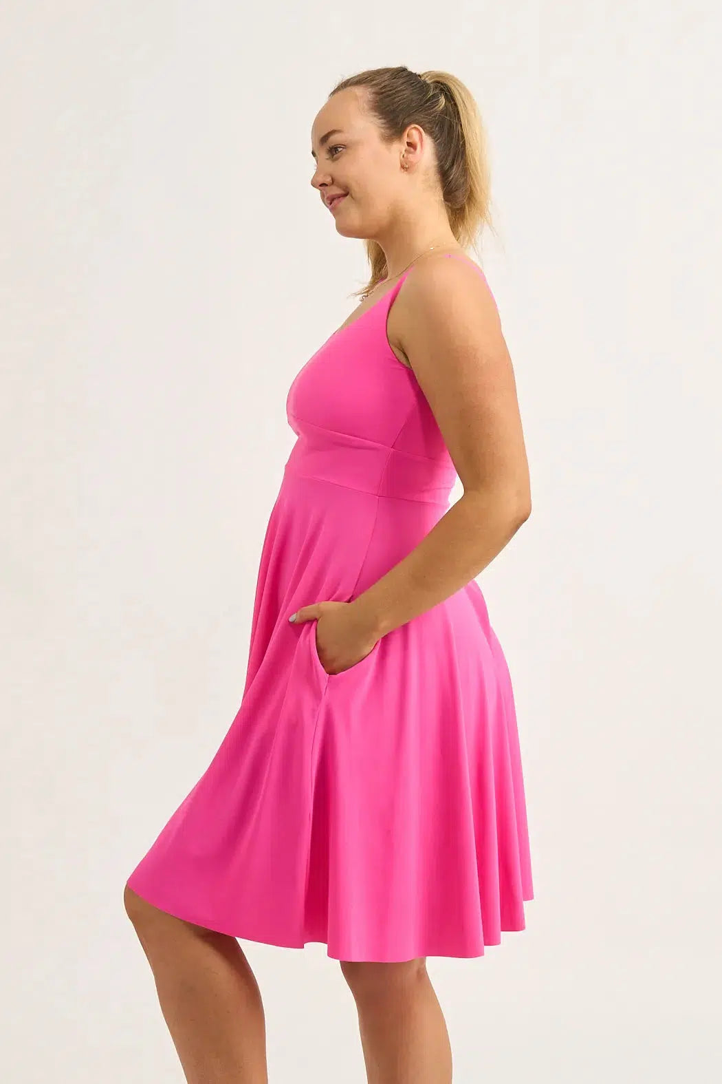 Candy Pink Silky - Scoop Neck Comfort Crop Midi Dress W/ Pockets-Activewear-Exoticathletica