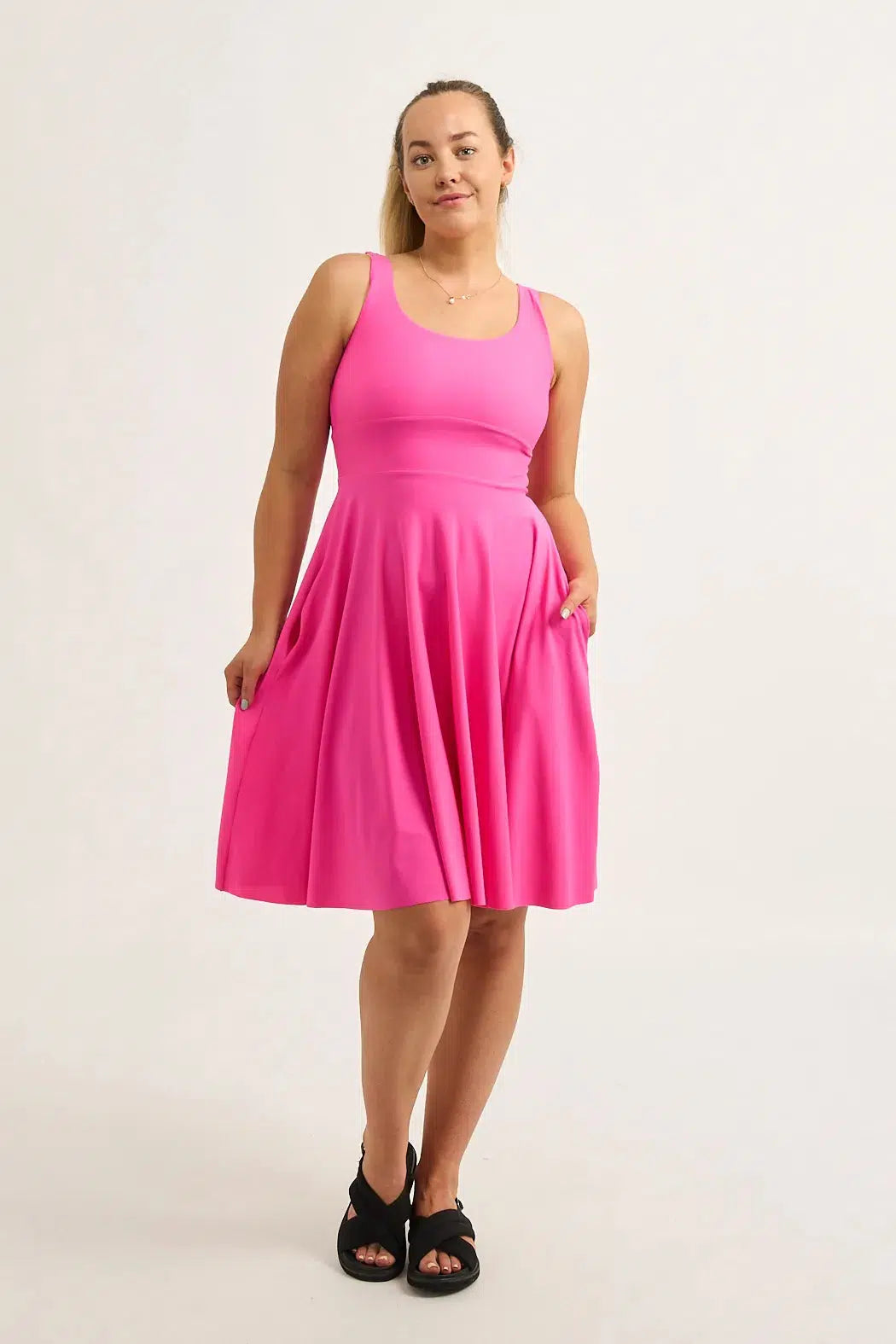 Candy Pink Silky - Scoop Neck Comfort Crop Midi Dress W/ Pockets-Activewear-Exoticathletica