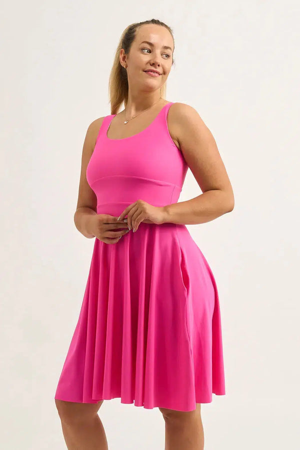 Candy Pink Silky - Scoop Neck Comfort Crop Midi Dress W/ Pockets-Activewear-Exoticathletica