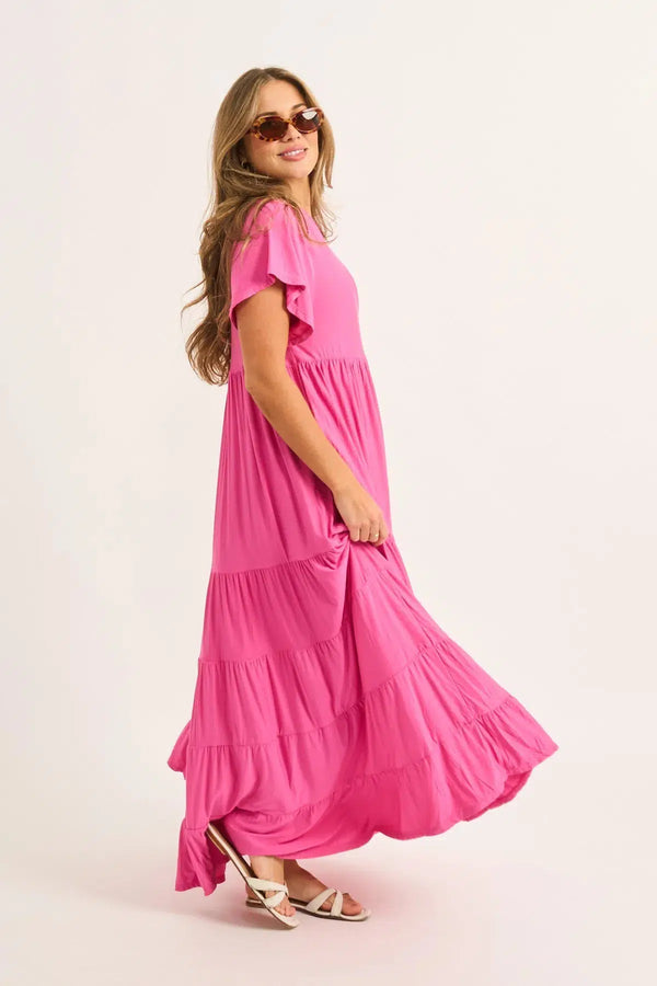 Candy Pink Slinky To Touch - Baby Doll Tiered Maxi Dress-Activewear-Exoticathletica