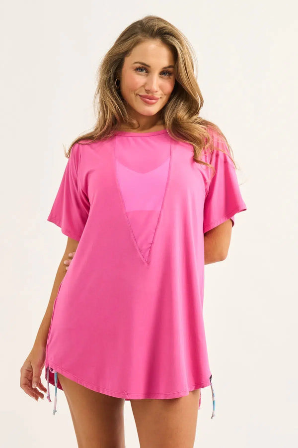 Candy Pink Slinky To Touch - Net V Front Boyfriend Tee-Activewear-Exoticathletica