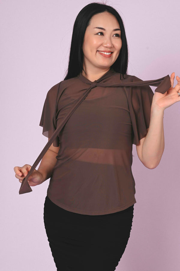 Chocolate Net - Boss Bish Blouse W/ Flutter Sleeve-Activewear-Exoticathletica