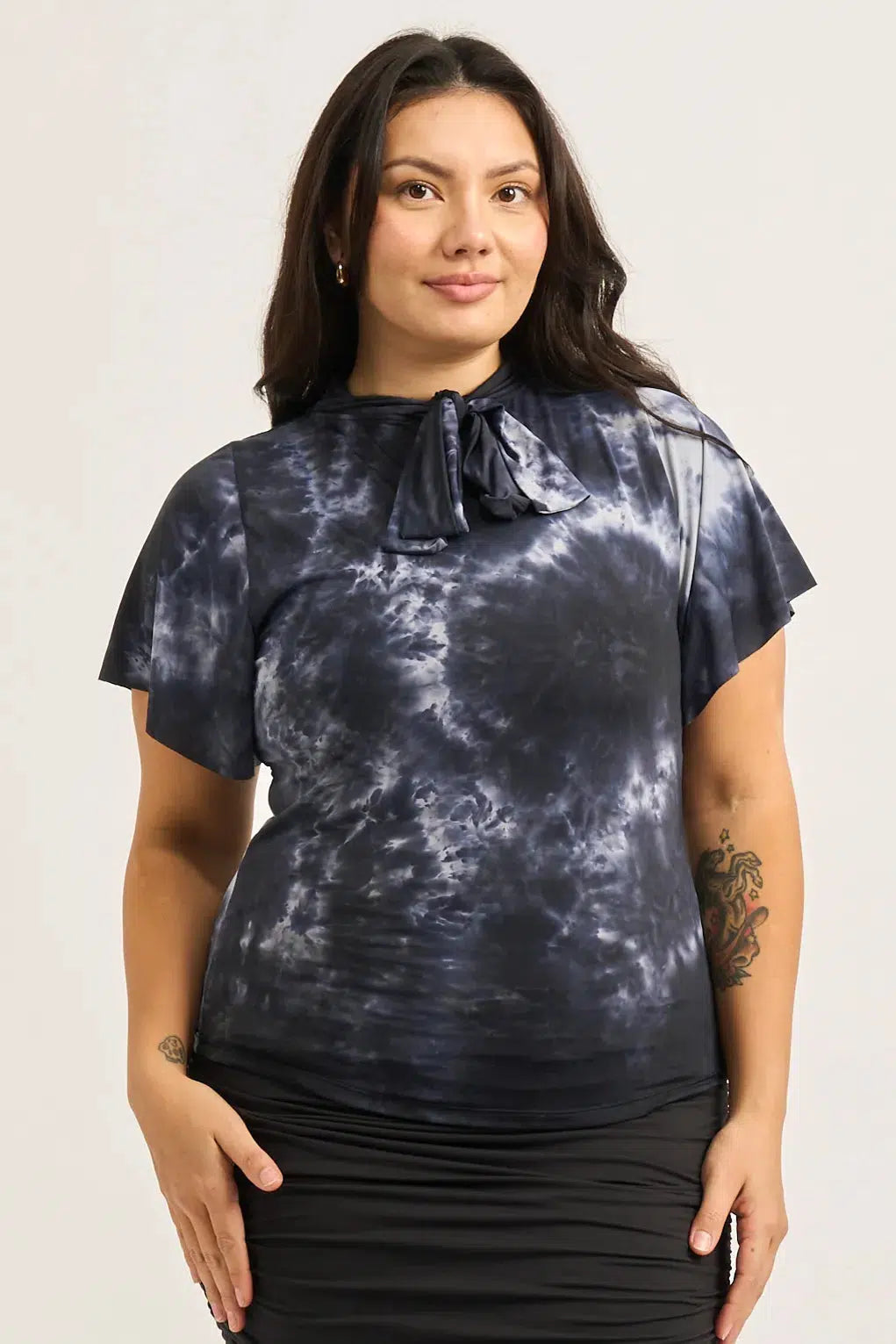 Dark And Moody Slinky Silky - Boss Bish Blouse W/ Flutter Sleeve-Activewear-Exoticathletica