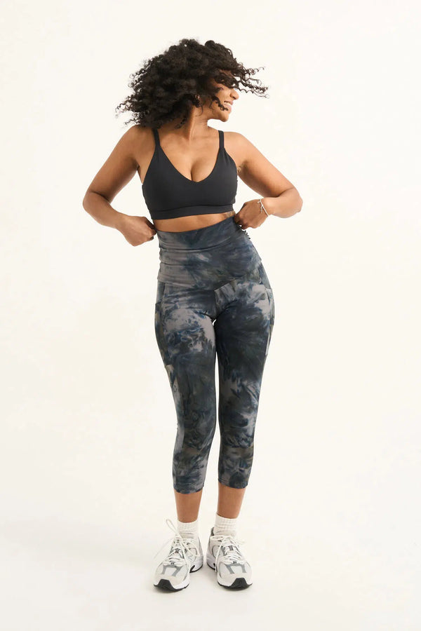 Dark and Moody Tie Dye Body Contouring - Panel Pocket Extra High Waisted Capri Leggings-Activewear-Exoticathletica