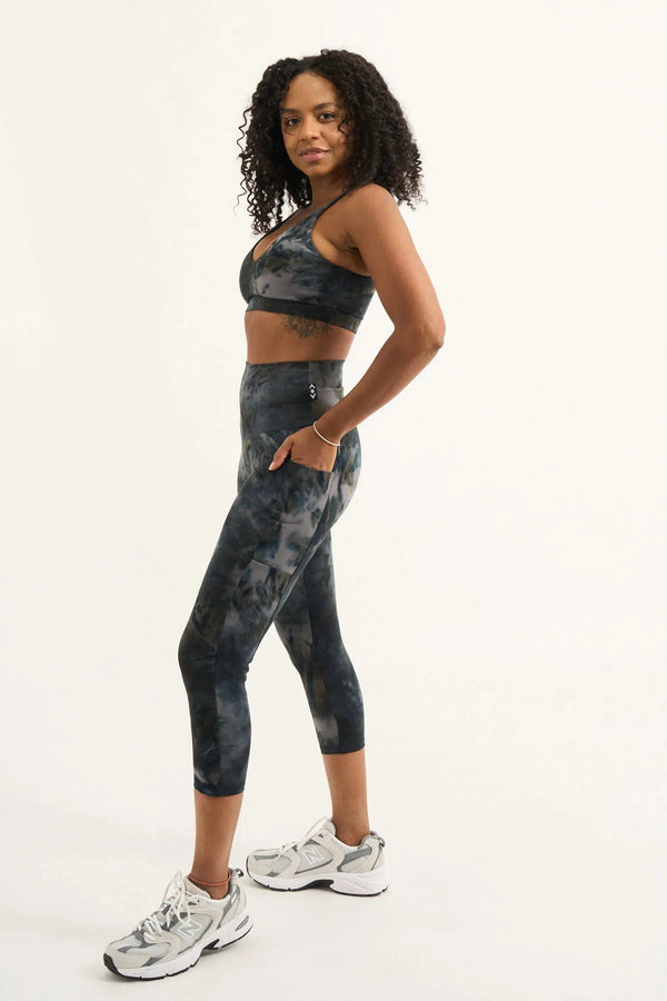 Dark and Moody Tie Dye Body Contouring - Panel Pocket High Waisted Capri Leggings-Activewear-Exoticathletica