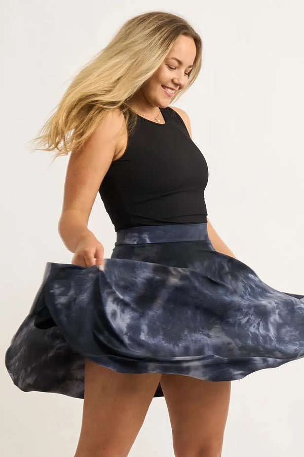 Dark And Moody Tie Dye Silky - Narrow Waisted Midi Skater Skirt W/ Pockets-Activewear-Exoticathletica