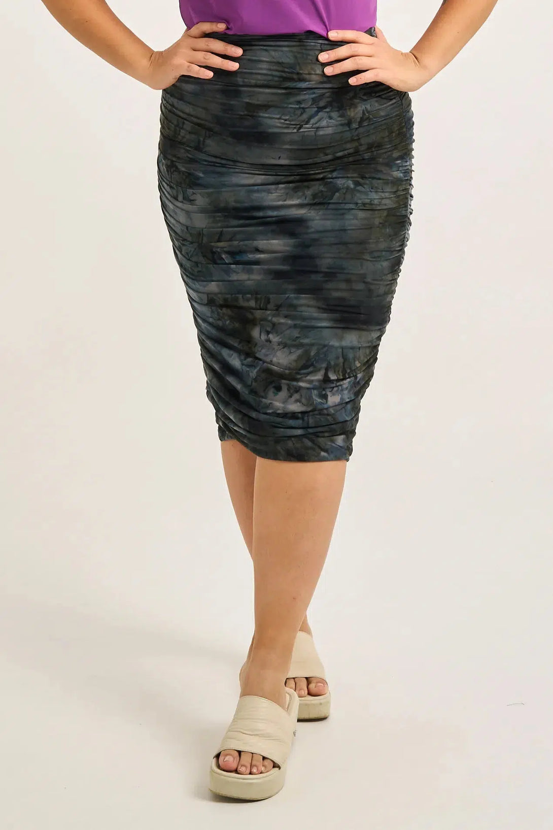 Dark and Moody Tie Dye Soft To Touch - Ruched Midi Skirt-Activewear-Exoticathletica