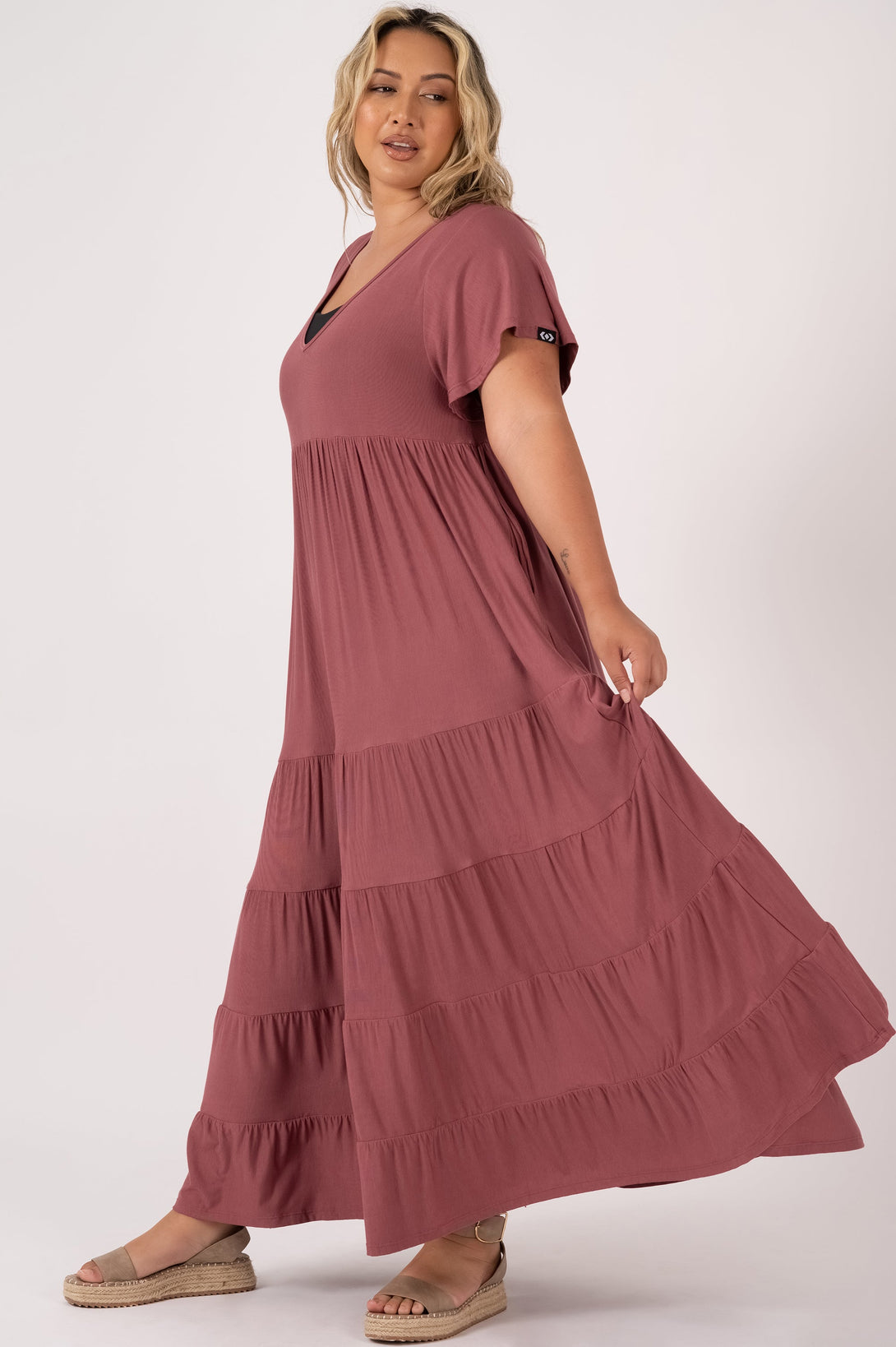 Dark Blush Slinky To Touch - Baby Doll Tiered V Neck Maxi Dress-Activewear-Exoticathletica