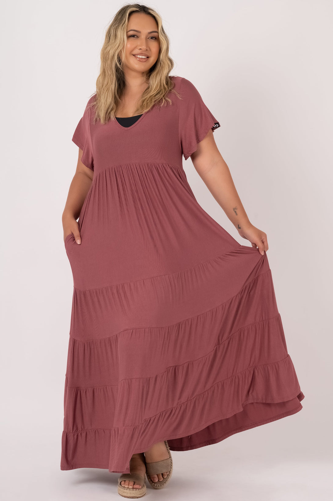 Dark Blush Slinky To Touch - Baby Doll Tiered V Neck Maxi Dress-Activewear-Exoticathletica