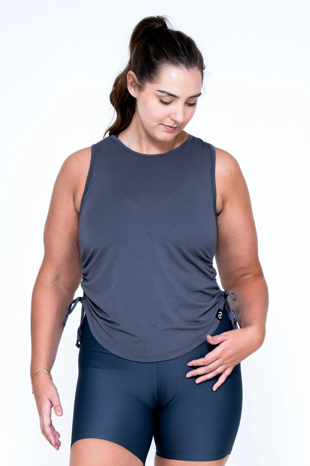 Dark Charcoal Slinky To Touch - Muscle Back Tank W/ Cinched Sides-Activewear-Exoticathletica