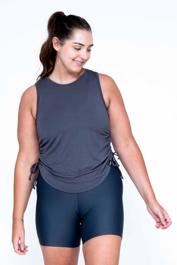 Dark Charcoal Slinky To Touch - Muscle Back Tank W/ Cinched Sides-Activewear-Exoticathletica