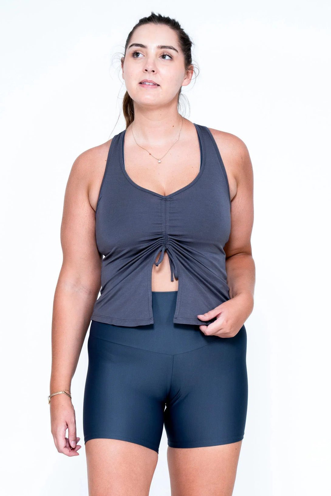 Dark Charcoal Slinky To Touch - Racer Back Tank Top W/ Cinched Front-Activewear-Exoticathletica