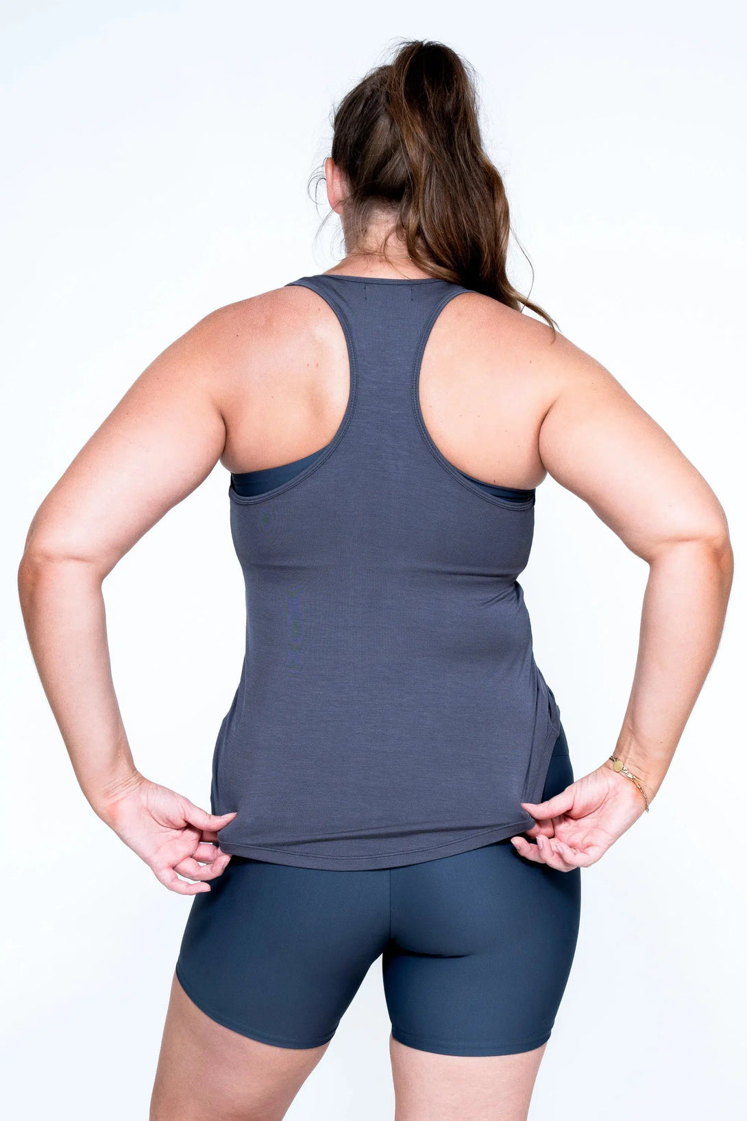 Dark Charcoal Slinky To Touch - Racer Back Tank Top W/ Cinched Front-Activewear-Exoticathletica