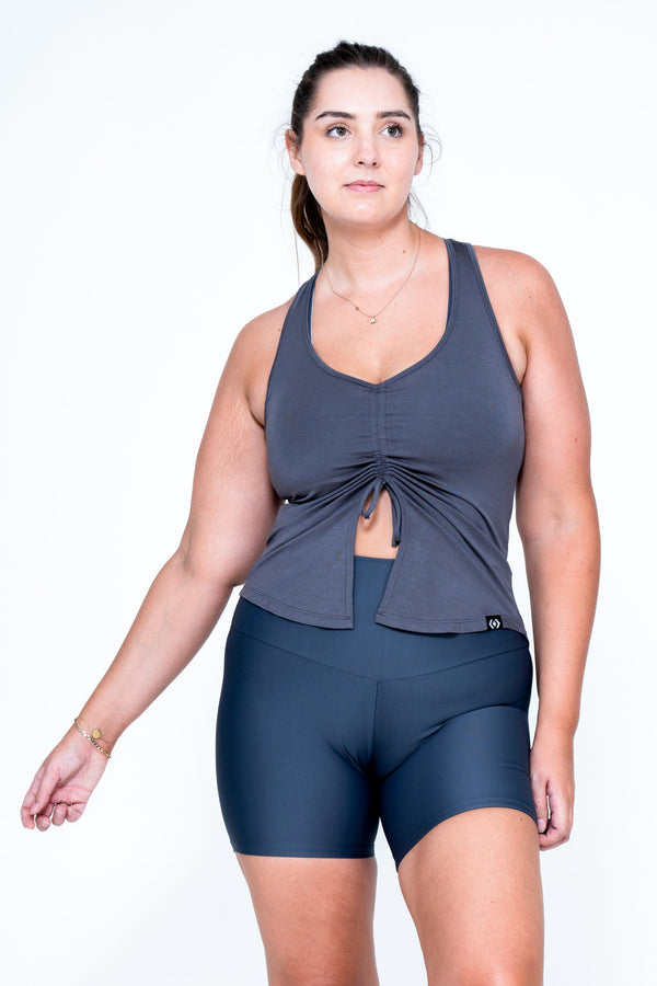Dark Charcoal Slinky To Touch - Racer Back Tank Top W/ Cinched Front-Activewear-Exoticathletica