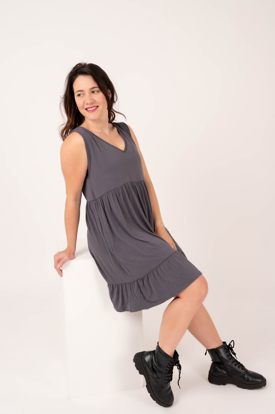 Dark Charcoal Slinky To Touch - Sleeveless Baby Doll Tiered V Neck Mini Dress-Activewear-Exoticathletica