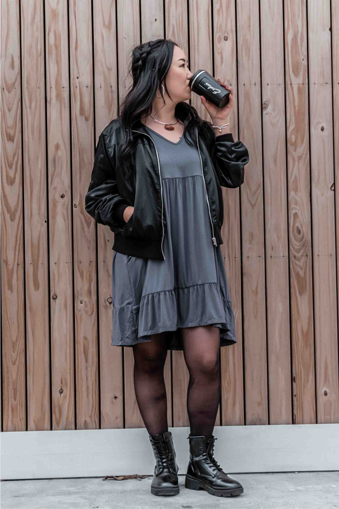Dark Charcoal Slinky To Touch - Sleeveless Baby Doll Tiered V Neck Mini Dress-Activewear-Exoticathletica