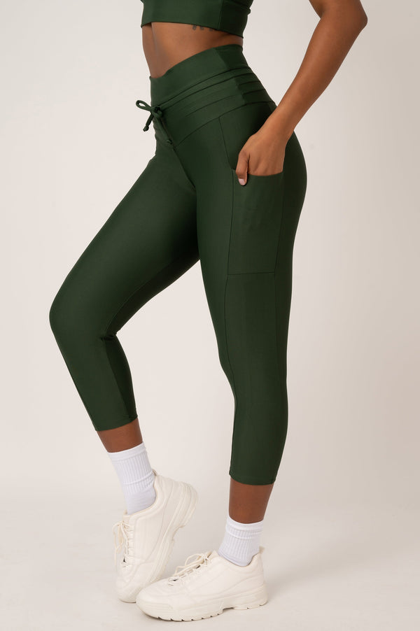 Dark Emerald Performance - Panel Pocket Drawstring Capri Legging-Activewear-Exoticathletica
