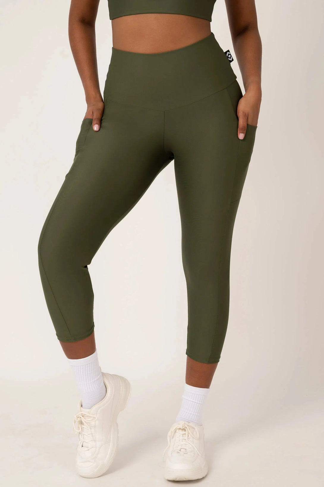 Dark Khaki Performance - Panel Pocket High Waisted Capri Leggings-Activewear-Exoticathletica