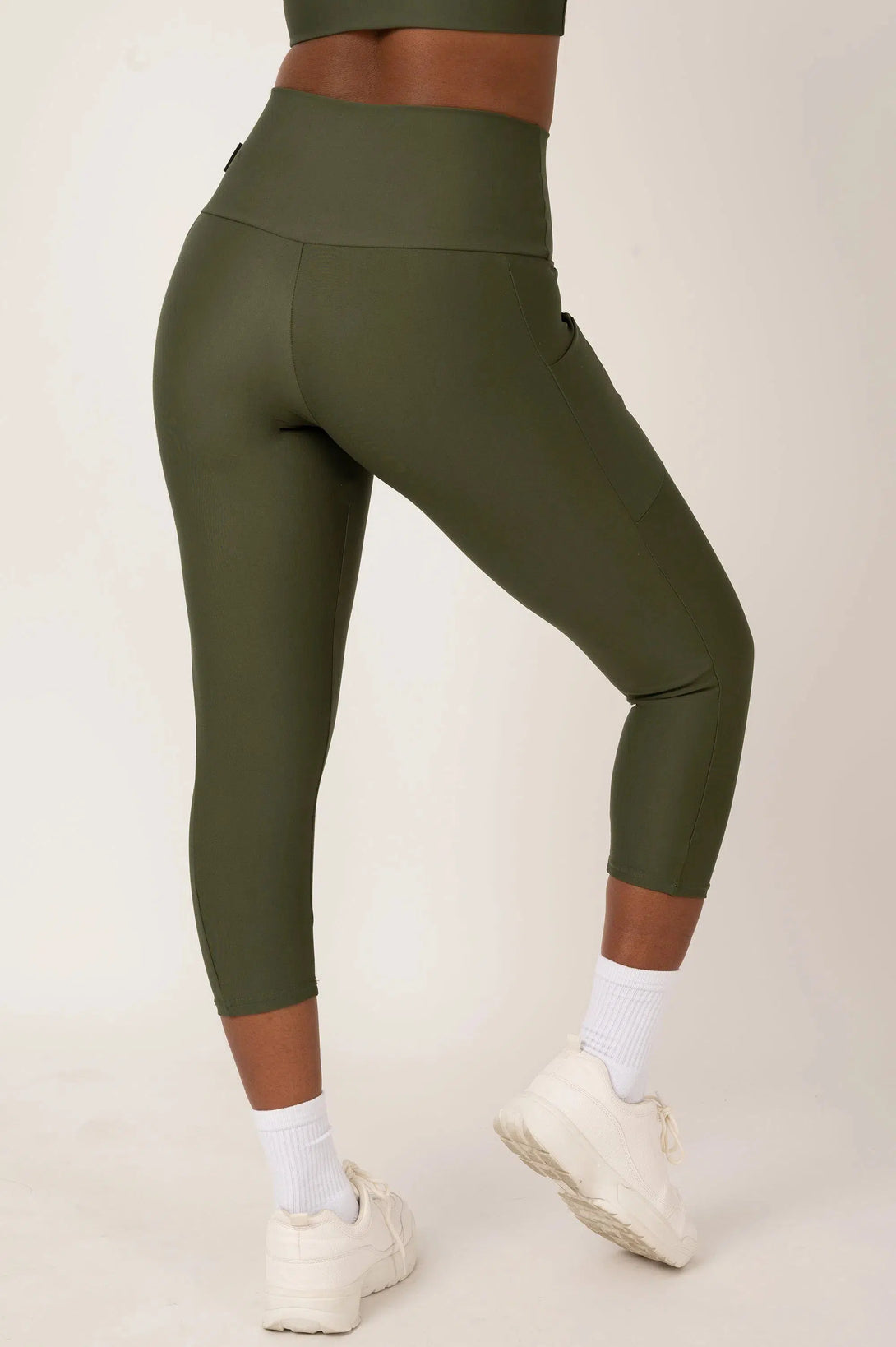 Dark Khaki Performance - Panel Pocket High Waisted Capri Leggings-Activewear-Exoticathletica