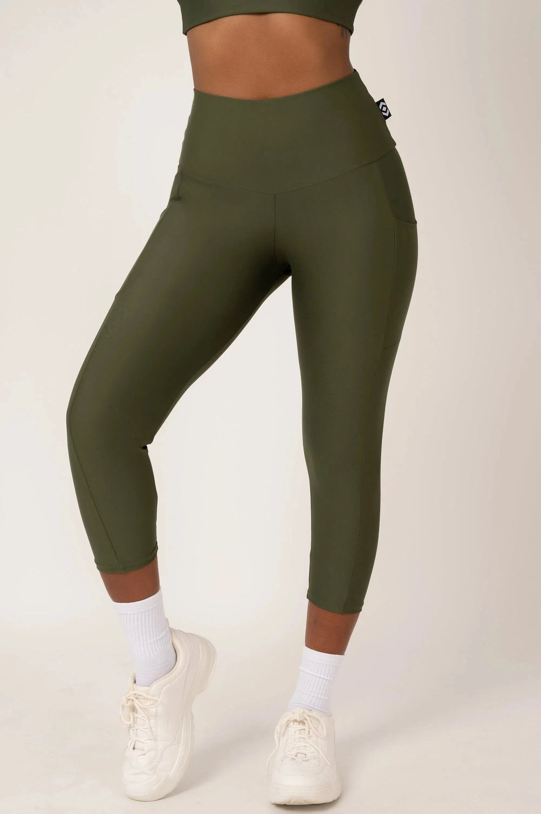 Dark Khaki Performance - Panel Pocket High Waisted Capri Leggings-Activewear-Exoticathletica