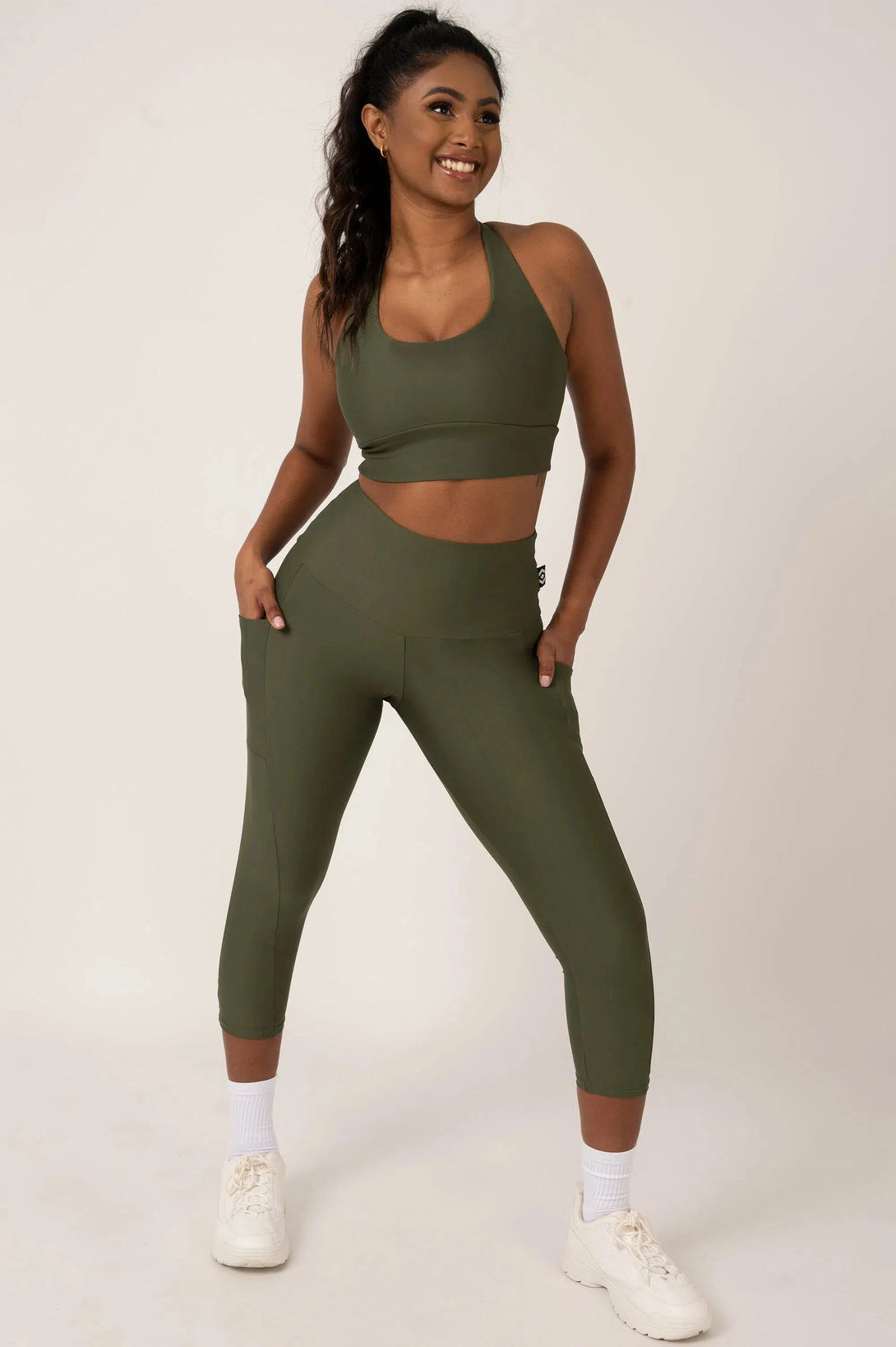 Dark Khaki Performance - Panel Pocket High Waisted Capri Leggings-Activewear-Exoticathletica