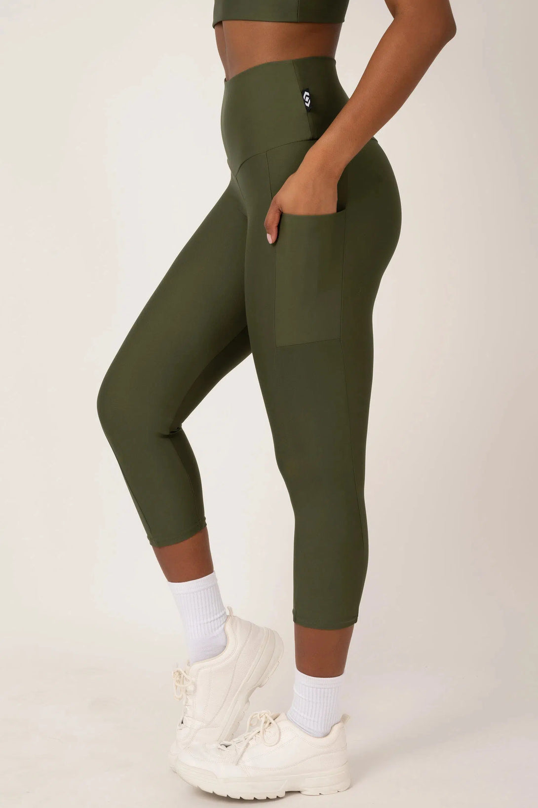 Dark Khaki Performance - Panel Pocket High Waisted Capri Leggings-Activewear-Exoticathletica