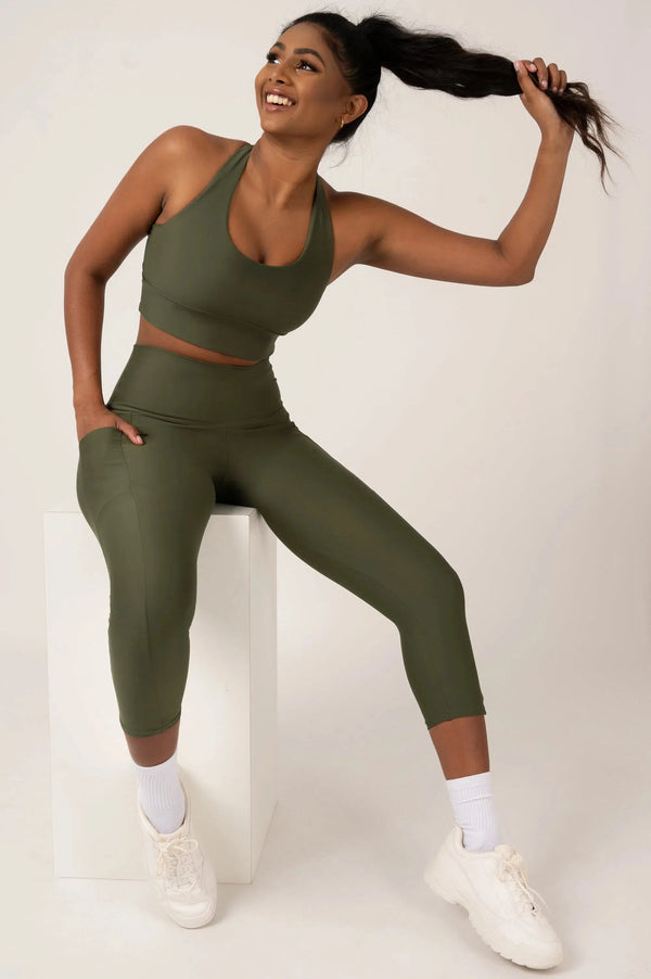 Dark Khaki Performance - Panel Pocket High Waisted Capri Leggings-Activewear-Exoticathletica