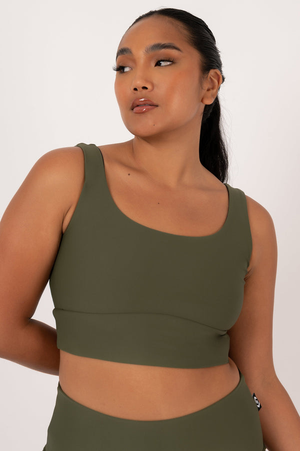 Dark Khaki Performance - Scoop Neck Comfort Crop Top-Activewear-Exoticathletica