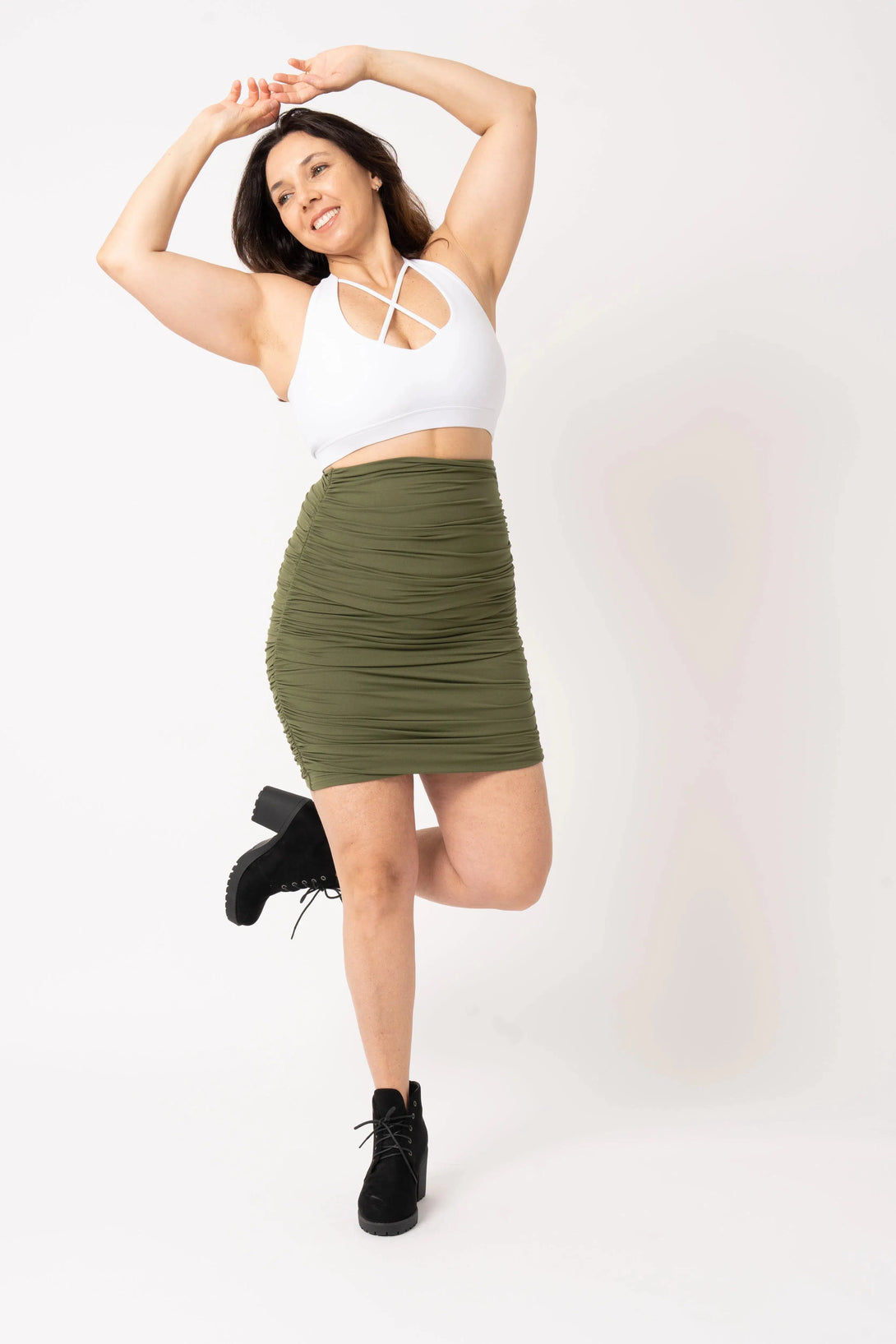 Dark Khaki Soft To Touch - Ruched Mini Skirt-Activewear-Exoticathletica