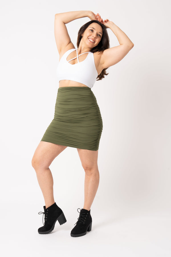 Dark Khaki Soft To Touch - Ruched Mini Skirt-Activewear-Exoticathletica