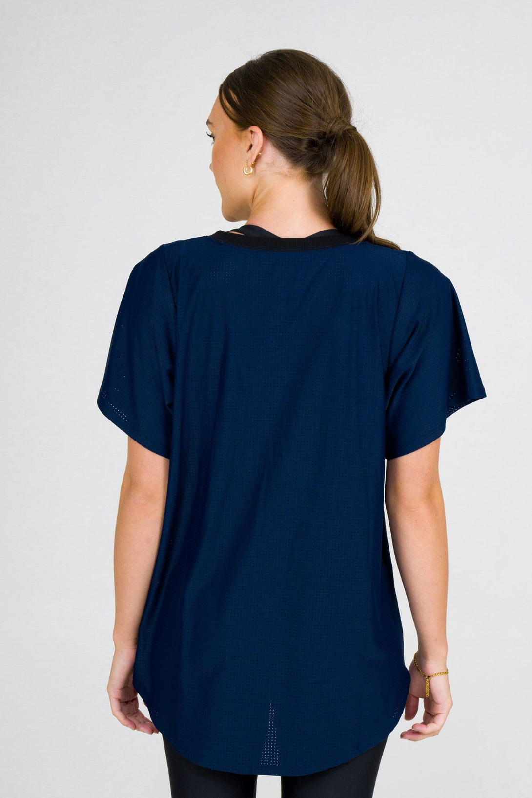 Dark Navy Bball Mesh - V Neck Exotica Black Embroidered Boyfriend Tee-Activewear-Exoticathletica