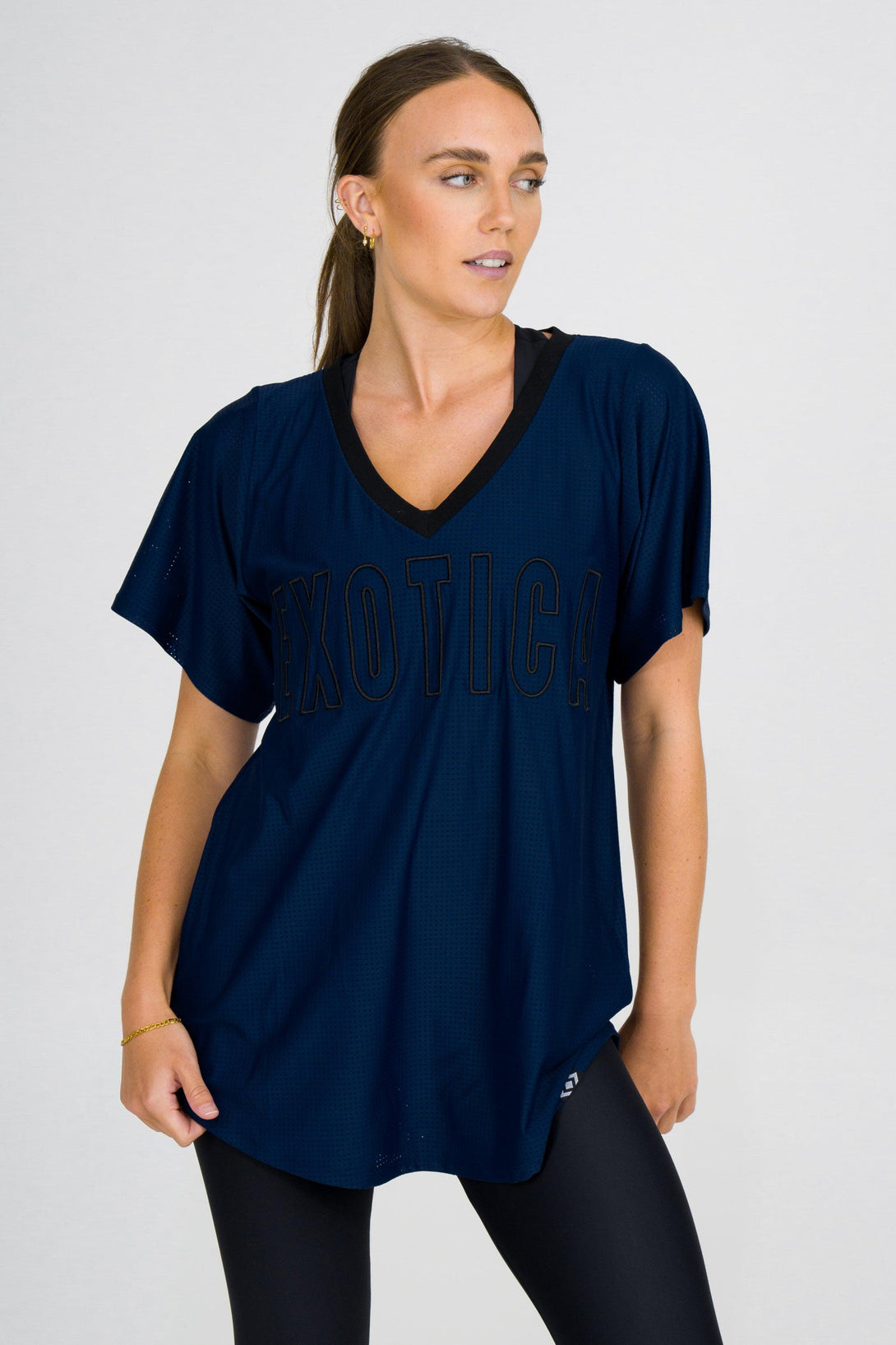 Dark Navy Bball Mesh - V Neck Exotica Black Embroidered Boyfriend Tee-Activewear-Exoticathletica