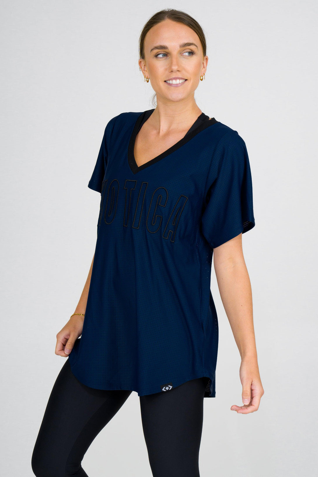 Dark Navy Bball Mesh - V Neck Exotica Black Embroidered Boyfriend Tee-Activewear-Exoticathletica