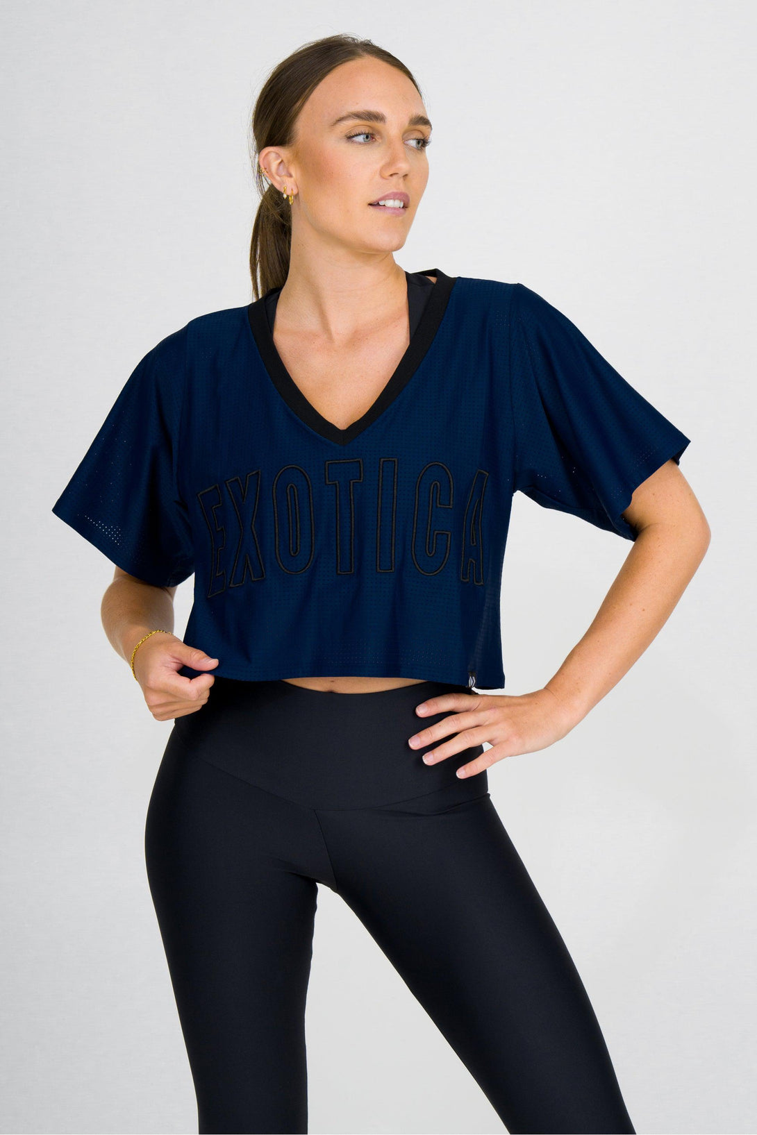 Dark Navy Bball Mesh - V Neck Exotica Black Embroidered Cropped Boyfriend Tee-Activewear-Exoticathletica