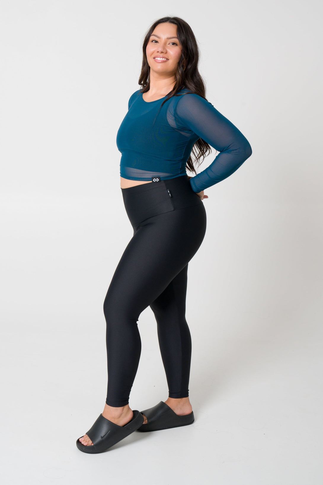 Dark Teal Net - Fitted Cropped Long Sleeve Tee-Activewear-Exoticathletica