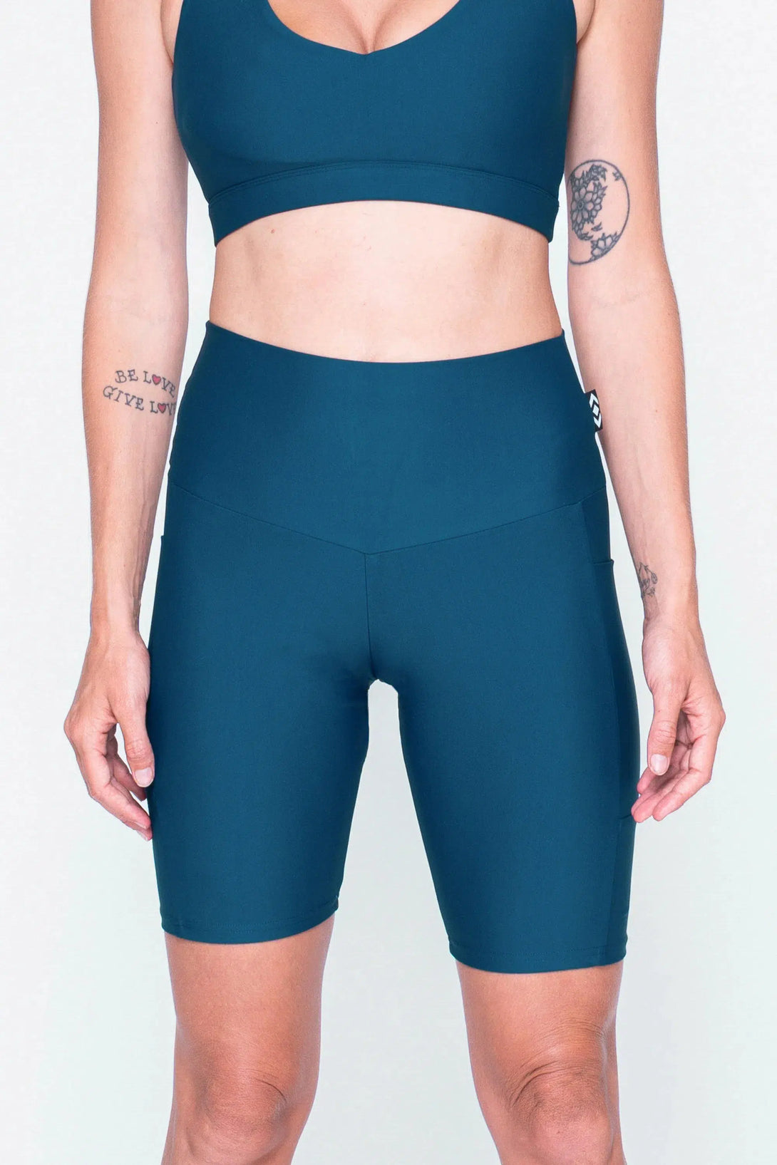 Dark Teal Performance - Panel Pocket High Waisted Long Shorts-Activewear-Exoticathletica