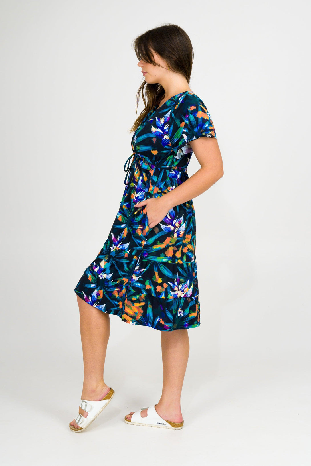Down to Earth Slinky SIlky - Button Up Drawstring Midi Dress-Activewear-Exoticathletica