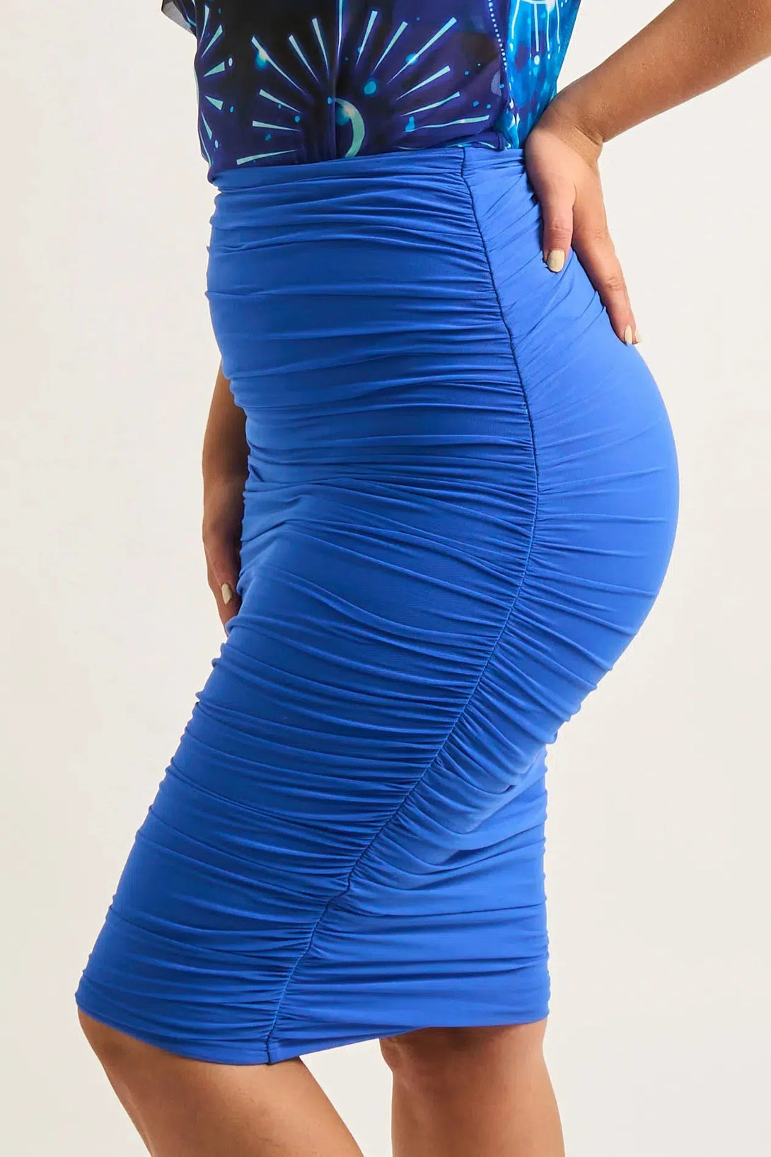 Electric Blue Body Contouring - Mesh Ruched Midi Skirt-Activewear-Exoticathletica