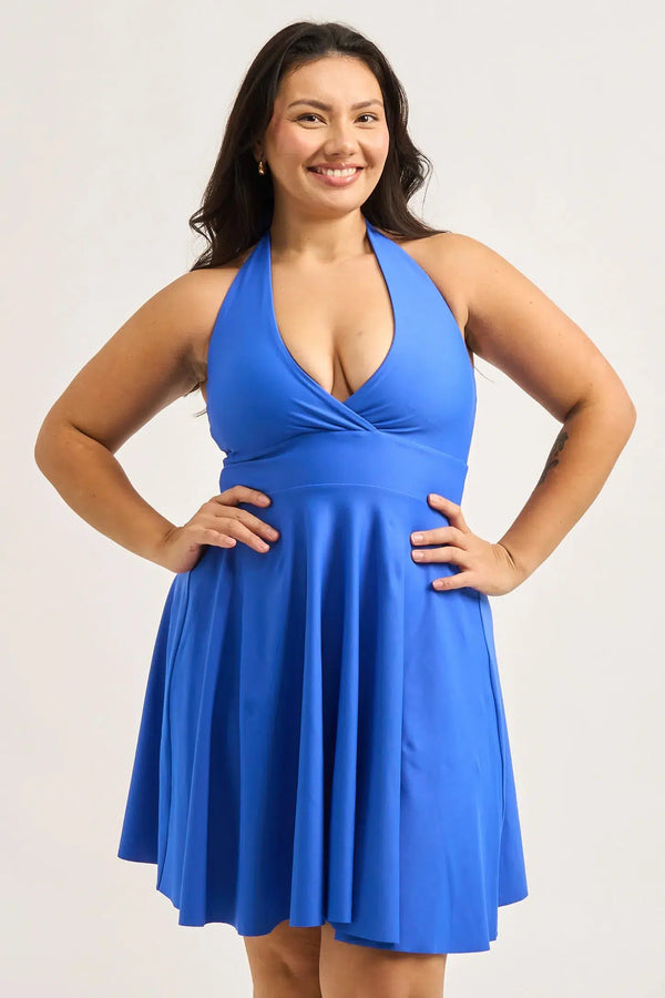 Electric Blue Performance - Halter Comfort Crop Mini Dress-Activewear-Exoticathletica