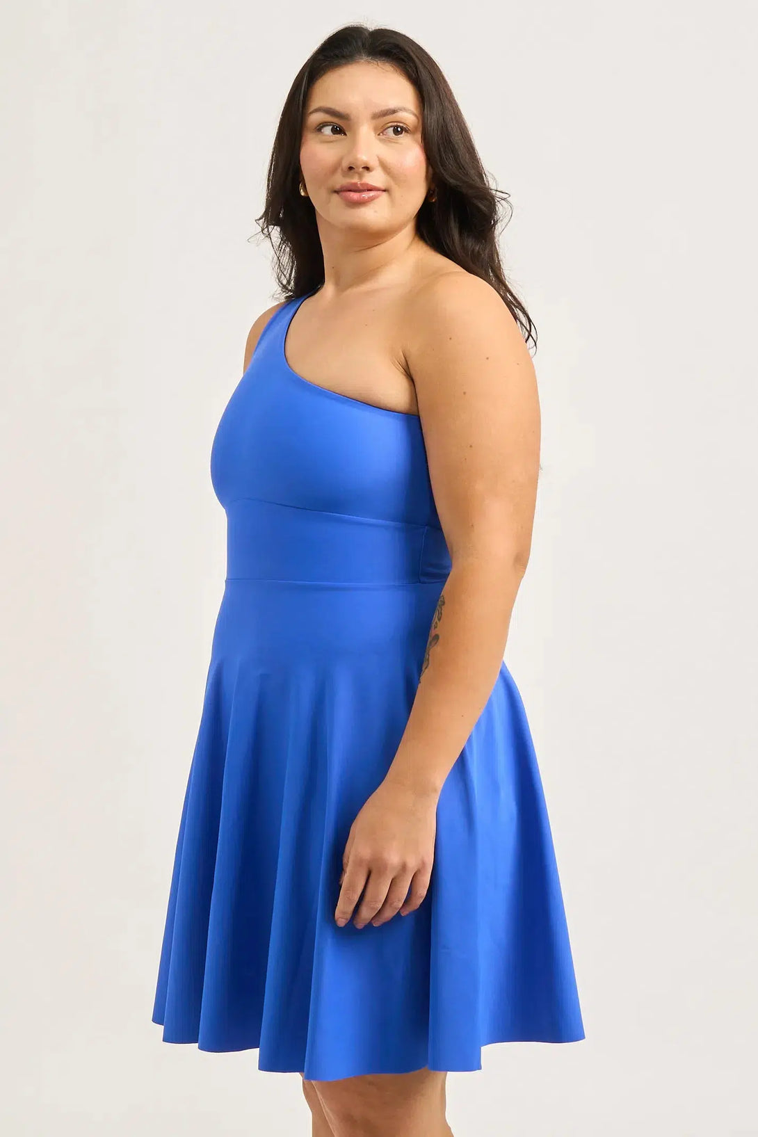 Electric Blue Performance - One Shoulder Comfort Crop Mini Dress-Activewear-Exoticathletica