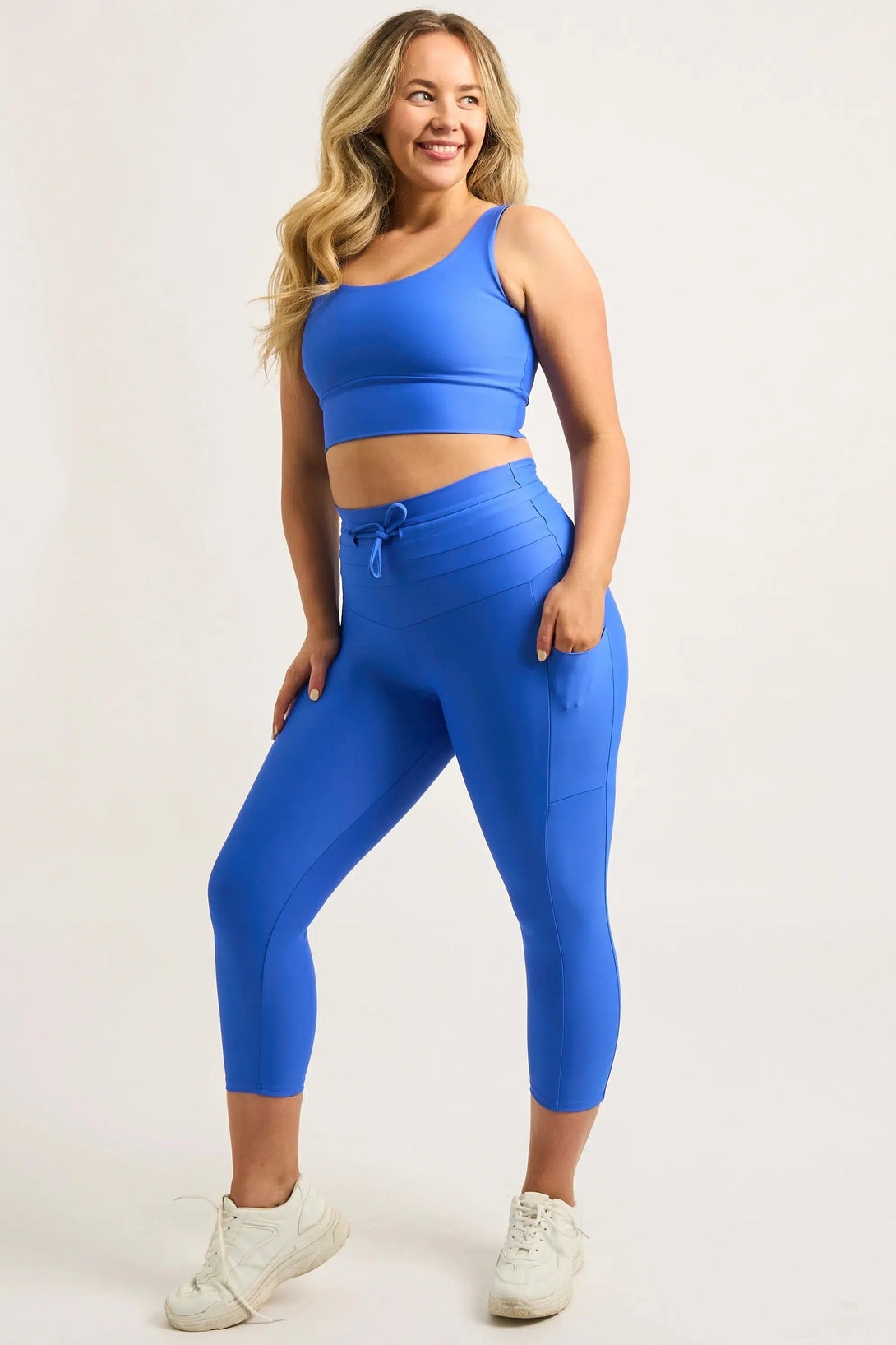 Electric Blue Performance - Panel Pocket Drawstring Capri Leggings-Activewear-Exoticathletica